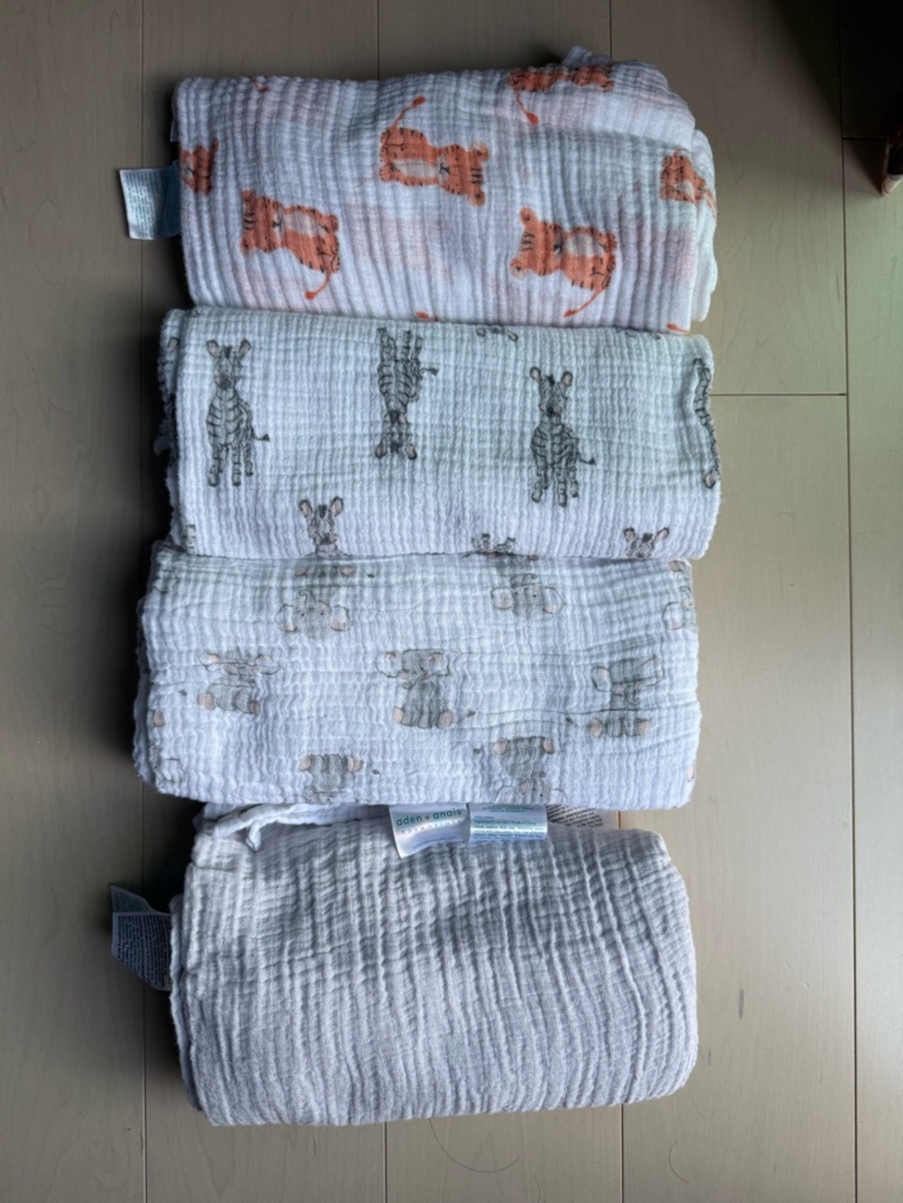 aden + anais Muslin swaddle Set in White, Gray & Orange Animal Prints